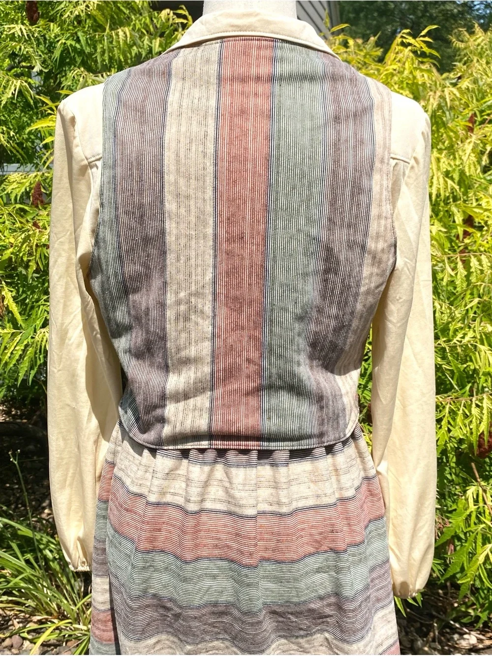 Vintage 70’s Kay Windsor Earth Tone Striped Dress and Vest Outfit Medium Large
